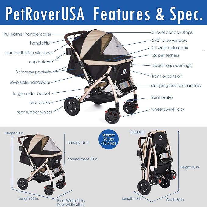 HPZ Pet Rover XL Extra-Long Premium Heavy Duty Dog/Cat/Pet Stroller Travel Carriage for Small, Medium, Large Pets (Taupe 2nd-Gen)