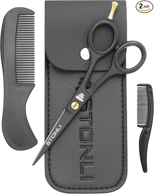 Professional 5’’Beard & Mustache Grooming Kit for Men – Precision Beard Scissors, Mustache Scissors, Moustache Comb, Beard Trimming Scissors, Mustache Care Set with Leather Case (Black)