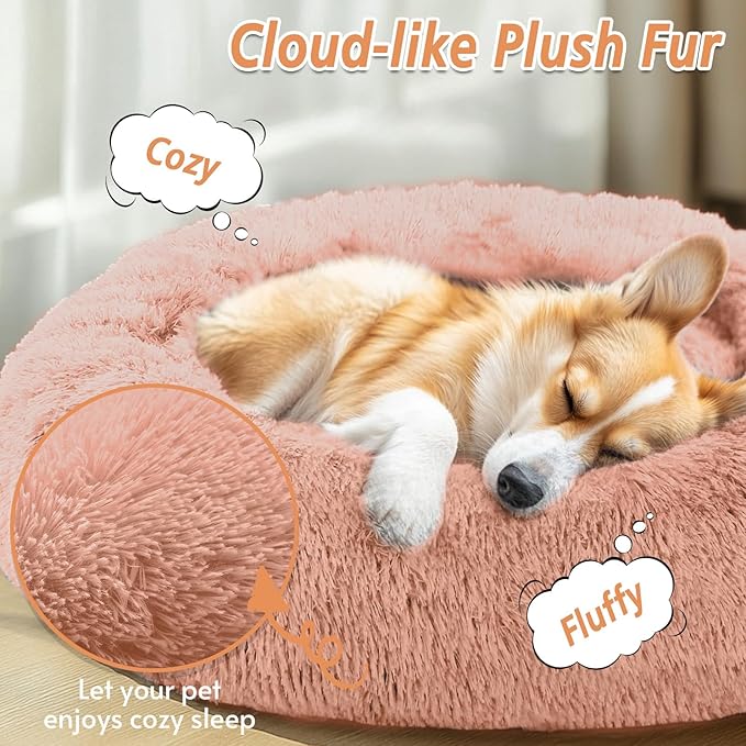 JOLLYVOGUE Medium Calming Dog Bed, Anti-Anxiety Donut Cuddler Cat Bed with Anti-Slip Bottom, Fluffy Faux Fur Machine Washable Pet Cushion for Medium Large Dog & Cat (31")