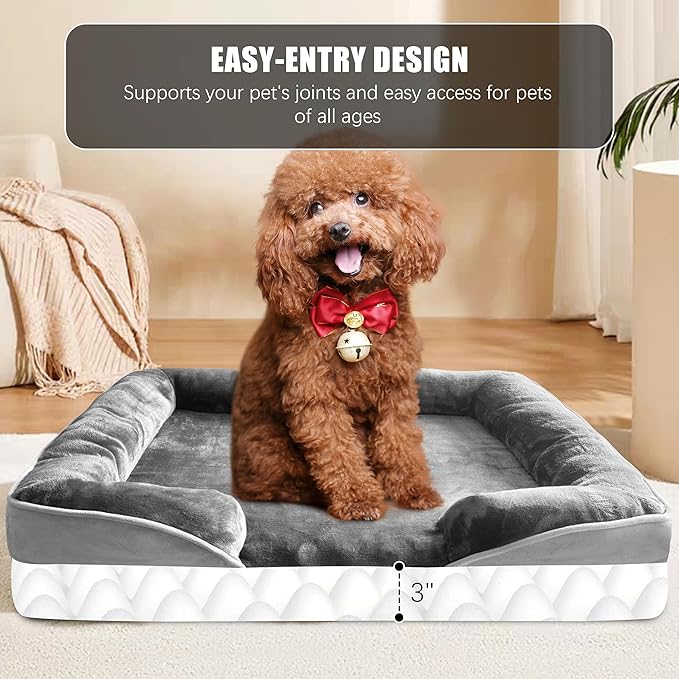 Orthopedic Dog Bed with Sides - Dog Sofa Beds for Small Dogs, Supportive Foam Pet Couch Bed with Washable Removable Cover, Waterproof Lining and Non-Slip Bottom, Grey - S