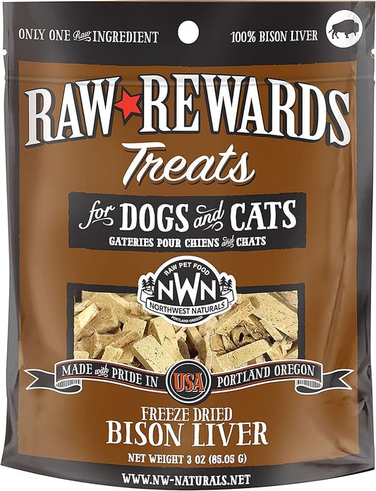 Northwest Naturals Raw Rewards Freeze-Dried Bison Liver Treats for Dogs and Cats - Bite-Sized Pieces - Healthy, 1 Ingredient, Human Grade Ingredients, All Natural, Proudly Made in USA, 3 Oz