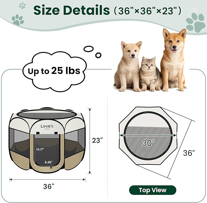 Love's cabin Pet Puppy Dog Playpen, Medium Dog Tent Crates Cage Indoor/Outdoor, Portable Playpen for Cat, Foldable Pop Up Dog Kennel Playpen with Carring Case, Removable Zipper Top, Khaki