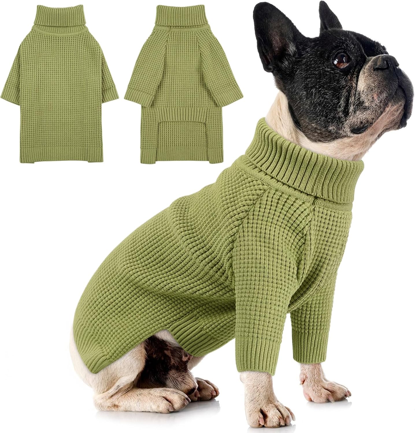 Queenmore Medium Dog Sweater, Check Pattern Knitted Cat Sweater, Warm Dog Sweaters for Medium Dogs, Solid Pull-on Sweater for Cats, Green M