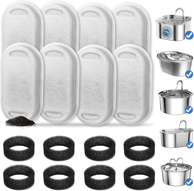 Cat Water Fountain Filters, 8 Pack Cat Fountain Filter Replacement with 8 Sponges for 3.2L/108oz Pet Water Fountain Stainless Steel