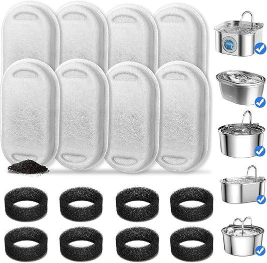 Cat Water Fountain Filters, 8 Pack Cat Fountain Filter Replacement with 8 Sponges for 3.2L/108oz Pet Water Fountain Stainless Steel
