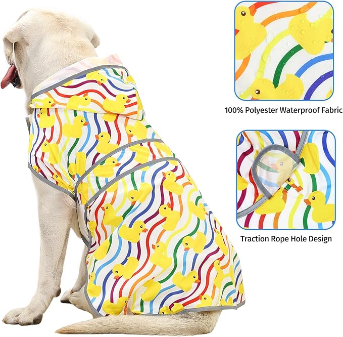 Dog Rain Coat for Large Dogs Waterproof Hooded Rain Jacket with Reflective Strips Leash Hole & Poncho Adjustable Fit (Rainbow,XL)