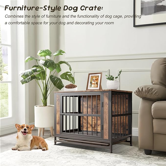 Rustic Medium Dog Cage Furniture, Brown Wooden Dog Crate Kennel Furniture, Decorative Dog House Indoor End Table for Small Medium Dog