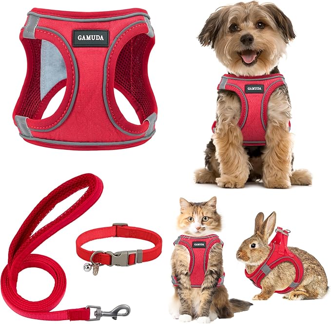 GAMUDA Small Pet Harness Collar and Leash Set, Step in No Chock No Pull Linen Fabric Soft Mesh Dog Vest Harnesses Reflective for Dogs Puppy Cats Kitten Rabbit (Red, XL)