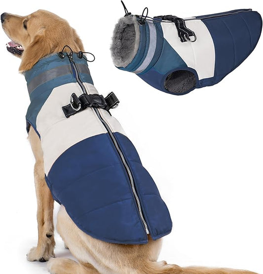 azuza Dog Coats for Large Dogs Waterproof Dog Coat with Reflective Strips and Harness Built in Warm Fleece Dogs Winter Coat Windproof with Back Zipper, Navy 3XL