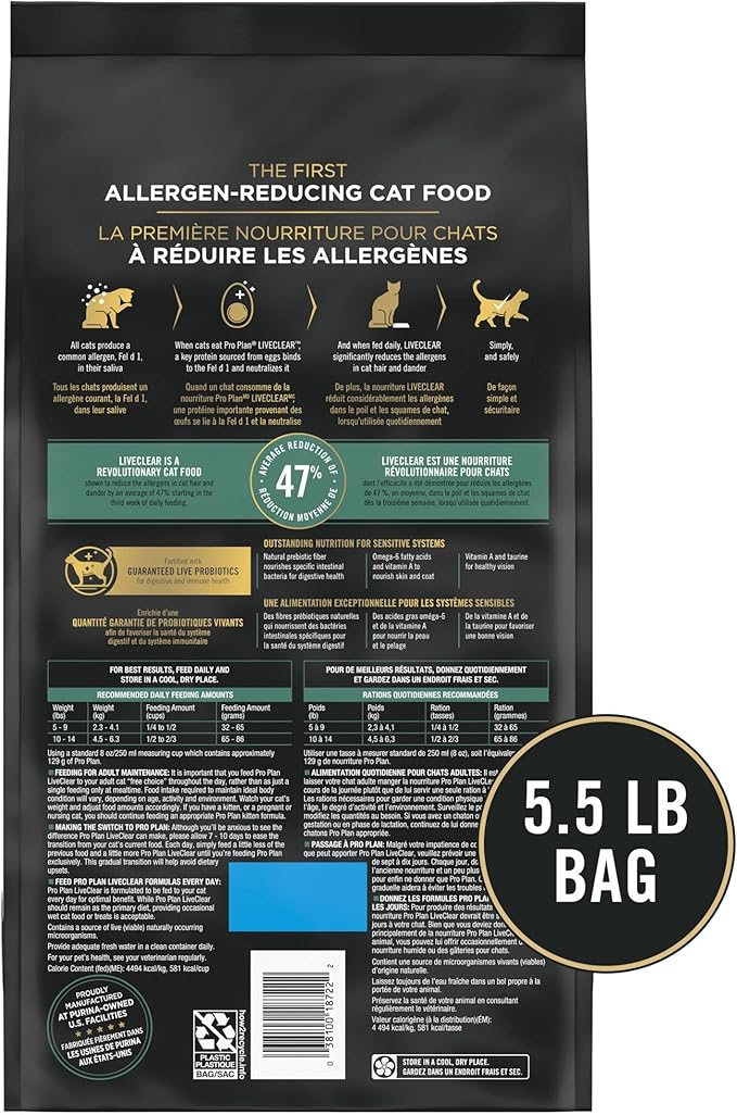Purina Pro Plan Allergen Reducing, Sensitive Skin & Stomach, High Protein Cat Food, LIVECLEAR Turkey and Oatmeal Formula - 5.5 lb. Bag