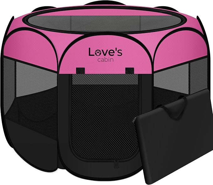 Love's cabin Pet Puppy Dog Playpen, Large Dog Tent Crates Cage Indoor/Outdoor, Portable Playpen for Cat, Foldable Pop Up Dog Kennel Playpen with Carring Case, Removable Zipper Top, Pink