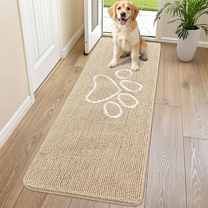 Smiry Dog Door Mat for Muddy Paws, Absorbent Dirt Trapper Non Slip Quick Dry Washable Chenille Mat for Mud Dogs, Entry Rug for Indoor and Outdoor (70x24 Inches, Beige)