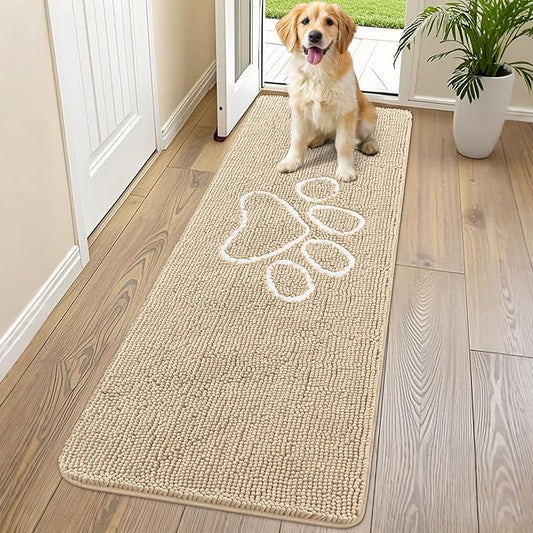 Smiry Dog Door Mat for Muddy Paws, Absorbent Dirt Trapper Non Slip Quick Dry Washable Chenille Mat for Mud Dogs, Entry Rug for Indoor and Outdoor (70x24 Inches, Beige)