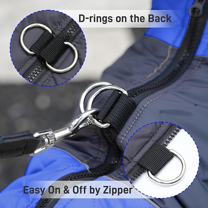 Warm Fleece Dog Coats for Large Dogs,D-Rings Waterproof Puppy Jacket for Cold Winter,Blue XXXL