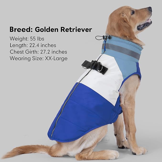 azuza Dog Jacket for Medium Dogs Waterproof Dog Coat with Reflective Strips and Harness Built in Warm Fleece Dogs Winter Coat Windproof with Back Zipper, Blue 2XL
