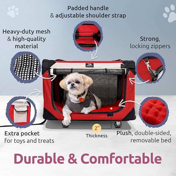 Large Cat Carrier on Wheels, Dog Carrier for 2 Cats or Medium Dog, Soft-Sided, Collapsible with Locking Zippers, Red
