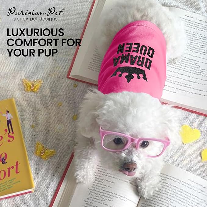 Parisian Pet Dog Tshirt - Embroidered “ Drama Queen “ Dog Shirt - Breathable and Lightweight Dogs Clothes - Sleeveless Pink Tee Shirts - Machine Washable Shirts for Small Dogs Girl - S