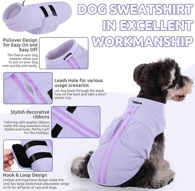 Queenmore Large Dog Sweater, Soft Fleece Vest Pullover Dog Jacket with Leash Hole, Warm Winter Dogs Clothes Cold Weather Doggy Dachshund Sweaters for Large Dogs Cats Boy or Girl (Lilac, L)