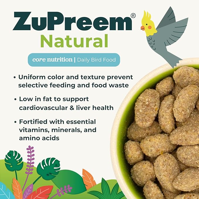 ZuPreem Natural Bird Pellets, Daily Bird Food for Parrot, Conure, Caique, African Grey, Eclectus, Small Cockatoo, Core Nutrition for Medium Large Birds, Added Vitamins, Parrot Food (ML, 3 lbs)