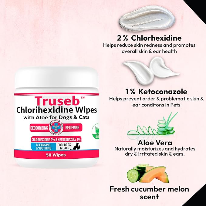 Truseb Topical for Dogs, Cats and Horses - with Aloe for Cleansing (Ketoconazole & Chlorhexidine Wipes, 100 Count)
