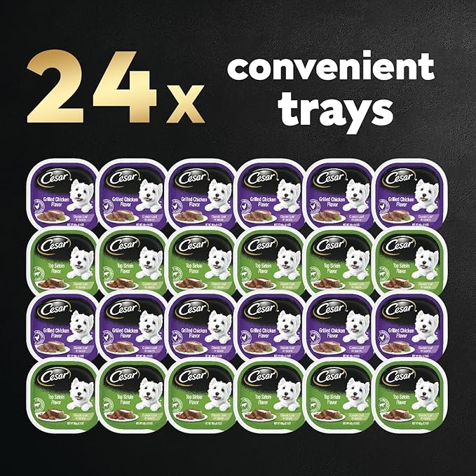 Cesar Wet Dog Food Classic Loaf in Sauce Top Sirloin & Grilled Chicken Flavors Variety Pack, 3.5 oz. Easy Peel Trays, (12 Count, Pack of 2)