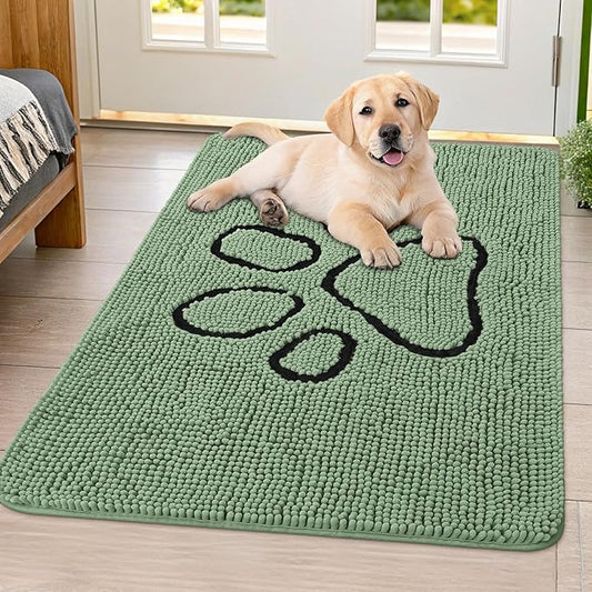 Smiry Dog Door Mat for Muddy Paws, Absorbent Dirt Trapper Non Slip Quick Dry Washable Chenille Mat for Mud Dogs, Entry Rug for Indoor and Outdoor (40x32 Inches, Olive Green and Black)