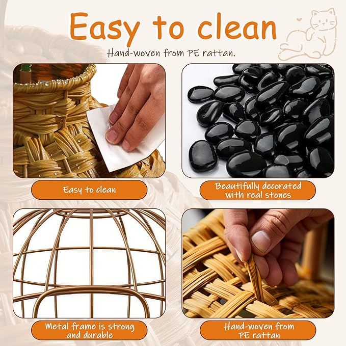 Cat Hidden Litter Box Enclosure Furniture with Artificial Plants,Handwoven Rattan with Cat Litter Box and Real Stones,in Living Room, Bedroom, Corner（Natural）