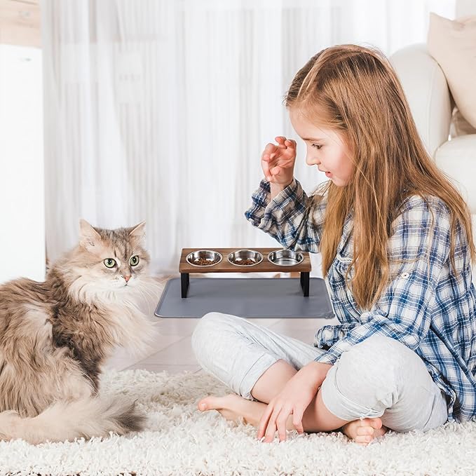 Upgraded Elevated Cat Bowls with Food Mat,15°Tilted Stand Anti Vomiting Raised Cat Dishes for Food and Water,3 Stainless Steel Bowls for Cats and Puppy（Rustic Brown）