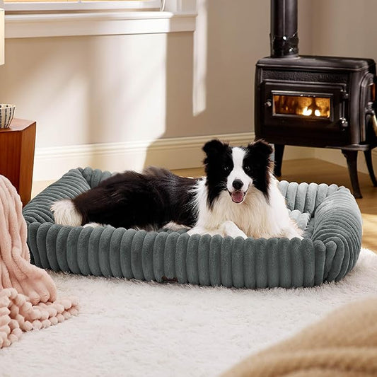 Bedsure Cute Dog Bed for Extra Large Dogs - Washable Furry Puppy Beds, Rectangle Orthopedic XL Pet Beds with Removable Zipper Cover, 43x30x8inches, Warm Grey