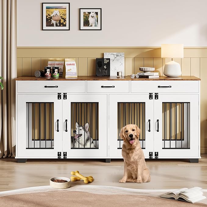 GarveeLife 71 in Dog Crate Furniture for 2 Rooms, Wooden Double Crate Large Breed with Door, Dog Kennel Indoor, TV Stand End Table with Divider for Large Medium Dogs,White/Brown