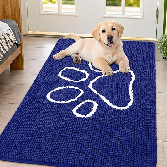 Smiry Dog Door Mat for Muddy Paws, Absorbent Dirt Trapper Non Slip Quick Dry Washable Chenille Mat for Mud Dogs, Entry Rug for Indoor and Outdoor (47x32 Inches, Navy Blue)