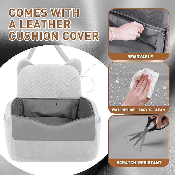 Dog Car Seat for Small Medium Dog up to 30 lbs with Waterproof PU Cover Pet Car Booster Seat with Memory Foam for Travel, Grey, 2 Safety Belt