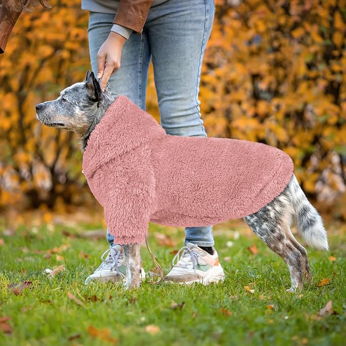 Fuzzy Dog Sweaters for Large Dogs Dog Hoodie Soft Double-Sided Plush Fleece Pet Sweater Clothes Coats Pet Hoodie Sherpa Hooded Sweatshirt(Pink-XL)