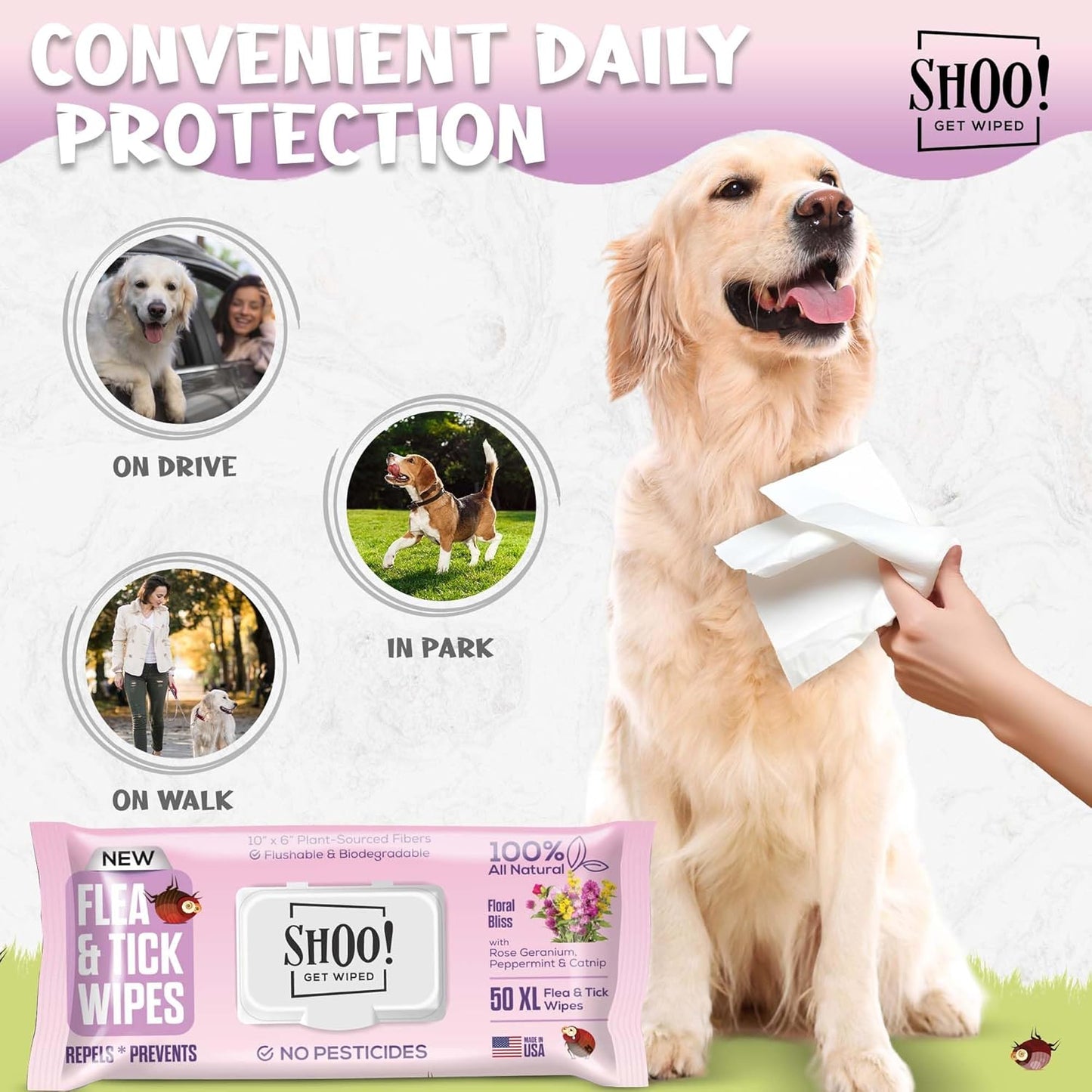 Shoo! Flea & Tick Wipes for Dogs | Convenient, Easy On-The-Go Protection | Plant Based, Natural Oils, Chemical Free | Repels & Prevents | 50 XL Wipes | (Floral Bliss)