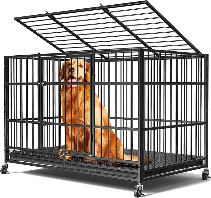 48"/38" Dog Crates for Large Dogs, Upgraded 4 Lockable Wheels, Removable Door, Dog Kennel Indoor, Max Load 300Lbs, Easy to Clean, Removable Tray, XL Dog Cage for Large and Medium Dogs