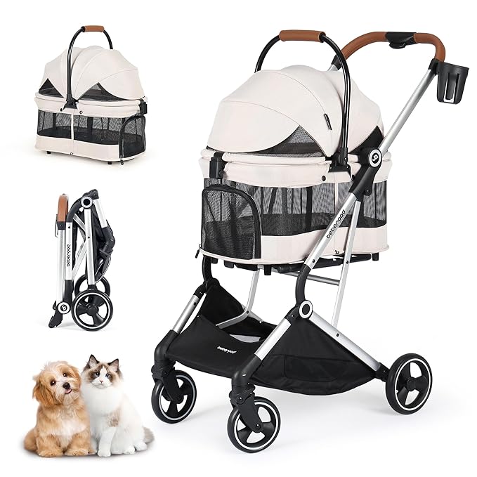 T3 Pro 3-in-1 Small Pet Stroller for Dog & Cats, 4 Wheels with Detachable Carrier with Pad, Canopy and Cup Holder, Beige & Net Wall