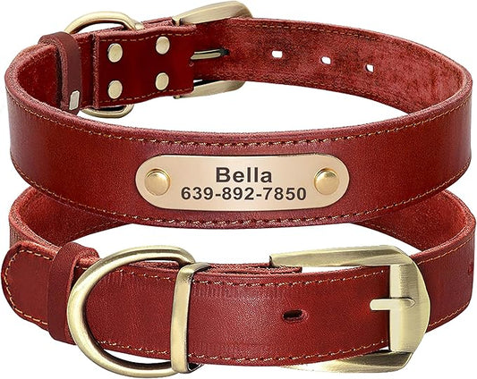 Didog Genuine Leather Dog Collars with Engraved Nameplate, Personalized Soft Leather Dog Collar with Custom ID Tag, Brown/Green/Red for Medium Large Dogs (L,Red)