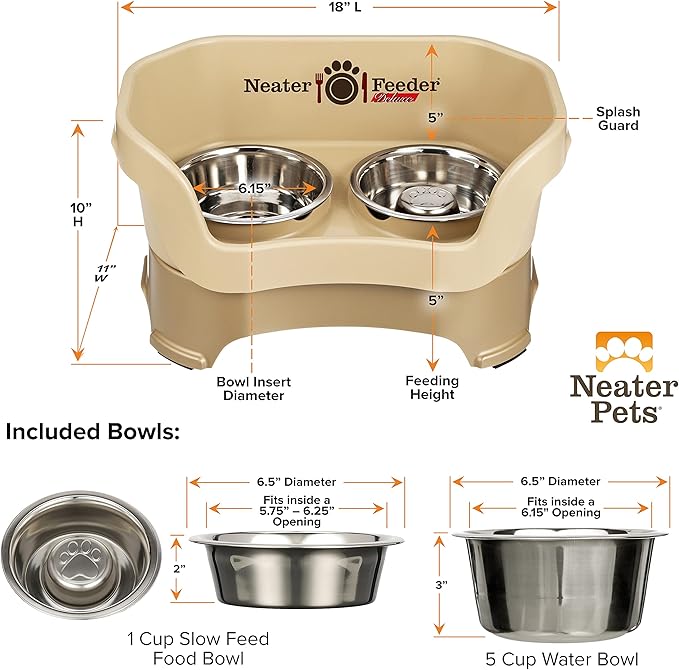 Neater Feeder Deluxe Mess Proof Dog Bowls Elevated for Medium Sized Breeds – Made in USA – No Spill Raised Slow Feeder Elevated Dog Bowl Stand, Stainless Steel Food and Water Bowl Set, Cappuccino