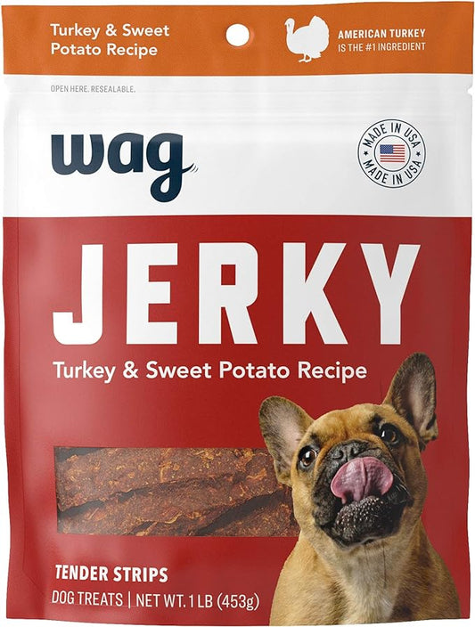 Amazon Brand - Wag Soft & Tender American Jerky Dog Treats – Turkey & Sweet Potato, 16 Ounce (Pack of 1)