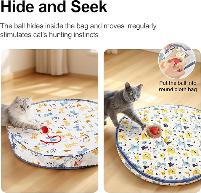 Interactive Cat Toys Ball - 2pcs Automatic Fast Rolling Ball in Play Mat, Hide and Seek Mouse Catching Game, Low-Noise Cat Enrichment Toys in Pouch for Indoor Bored Cats(Heart Pattern-Square)