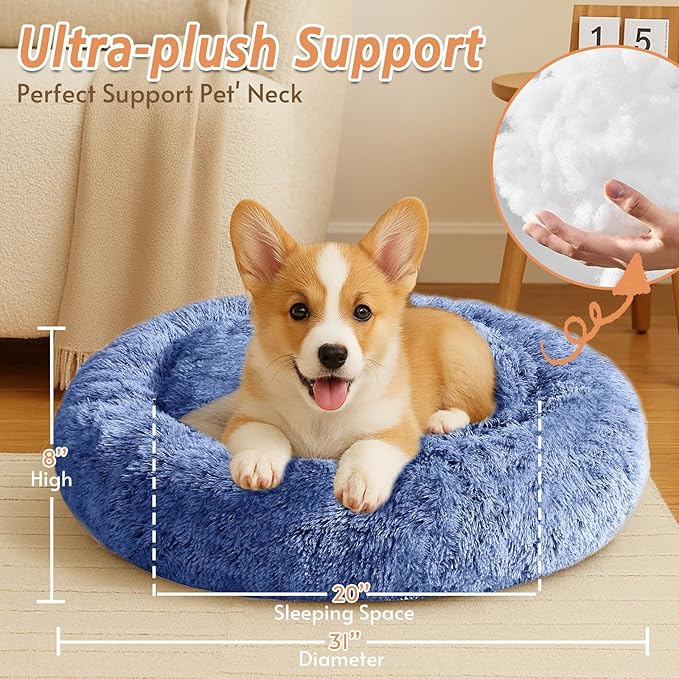 JOLLYVOGUE Medium Calming Dog Bed, Anti-Anxiety Donut Cuddler Cat Bed with Anti-Slip Bottom, Fluffy Faux Fur Machine Washable Pet Cushion for Medium Large Dog & Cat (31")