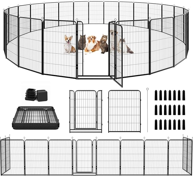 Dog Playpen Outdoor Extra Wide 24 Piece Panels Heavy Duty Dog Fence 47" Height Anti-Rust with Doors Portable for RV Camping Yard, Total 63FT, 316 Sq.ft, Snowy Black