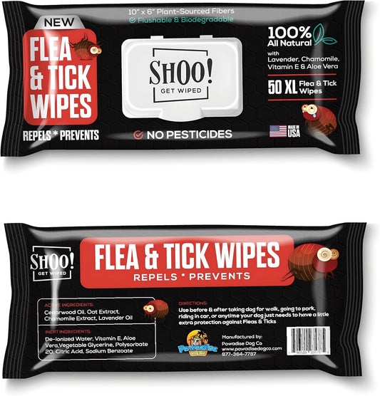 Shoo! Flea & Tick Wipes for Dogs | Convenient, Easy On-The-Go Protection | Plant Based, Natural Oils, Chemical Free | Repels & Prevents | 50 XL Wipes (2 Pack) | Original -Lavender