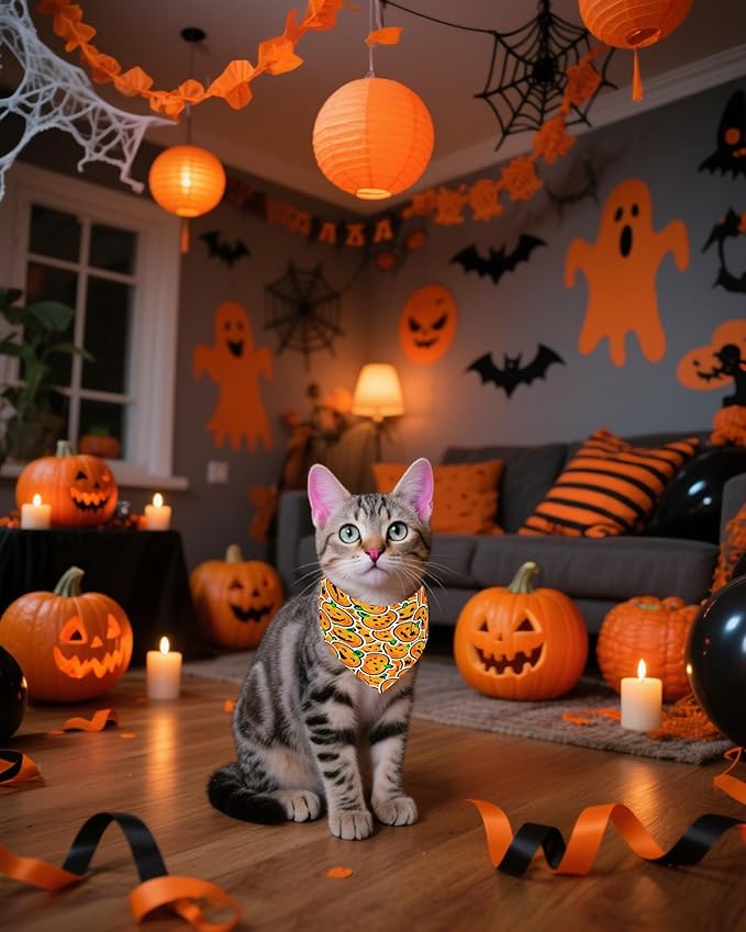 PET SHOW 100 Pack Halloween Extra Small Dog Bandanas Bulk Seamless Pumpkin Triangle Bibs Scarves XS for Puppies Cats Adjustable Grooming Kerchiefs for Girl Boy Pets Costume Accessories (Small)