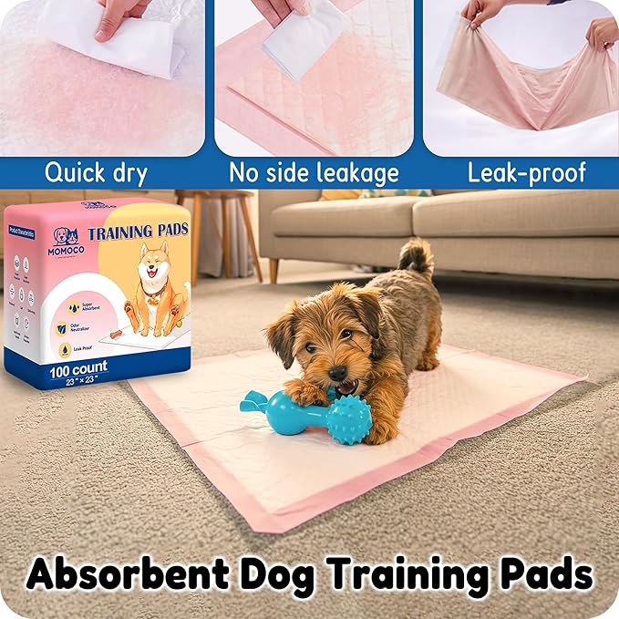 MoMoCo 23"x23"-100 Count Pink Puppy Pads, Super Absorbent, Leak-Proof, Quick-Dry Training Pads for Small Dogs & Puppies, Disposable Potty Pads