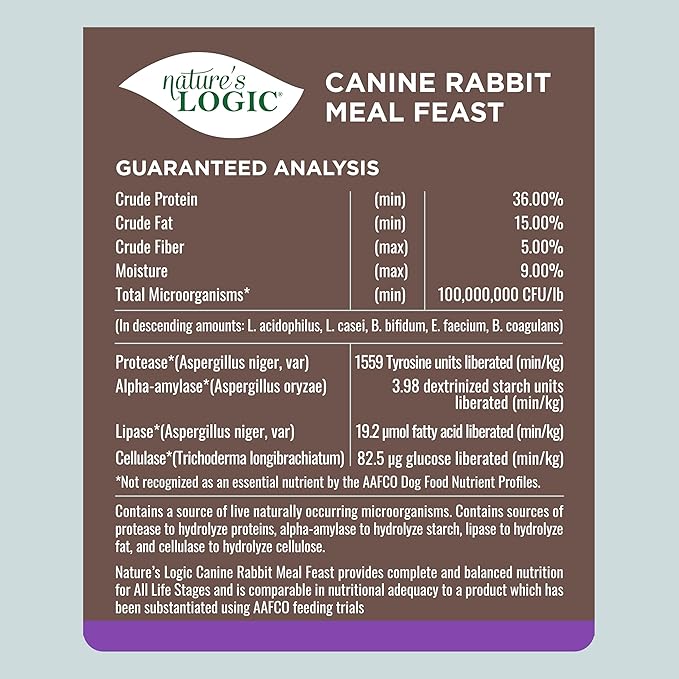 NATURE'S LOGIC Dry Dog Food - 100% Natural - No Synthetics - for All Ages, Sizes, Breeds - Free from Common Allergens, High Protein - Rabbit Meal Feast, 13lbs