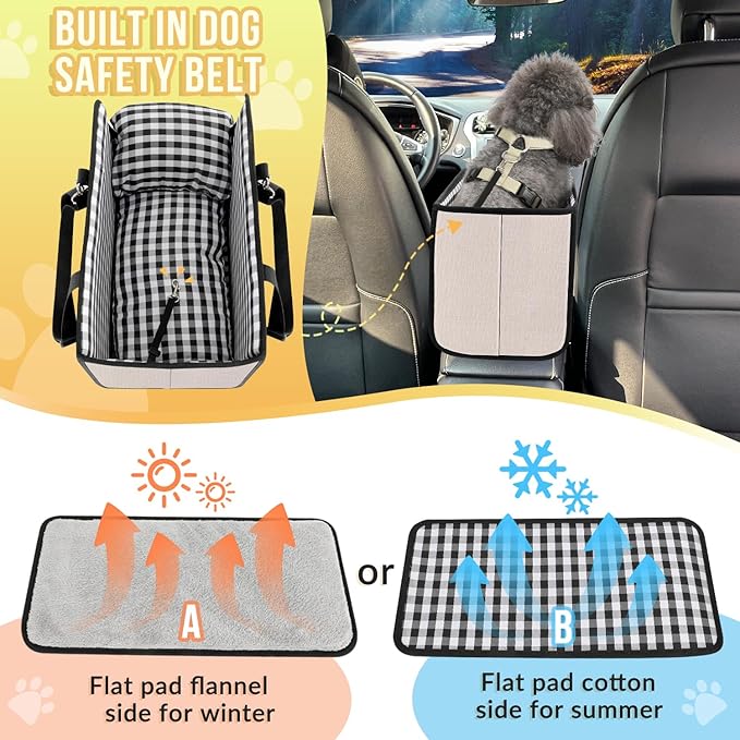 SlowTon Console Dog Car Seat - Portable Dogs Armrest Booster Seat for Small Dog, Anti-Collapse Pet Car Seat with Soft Cushion Safety Belt, Support Pet Up to 11lbs (Beige)