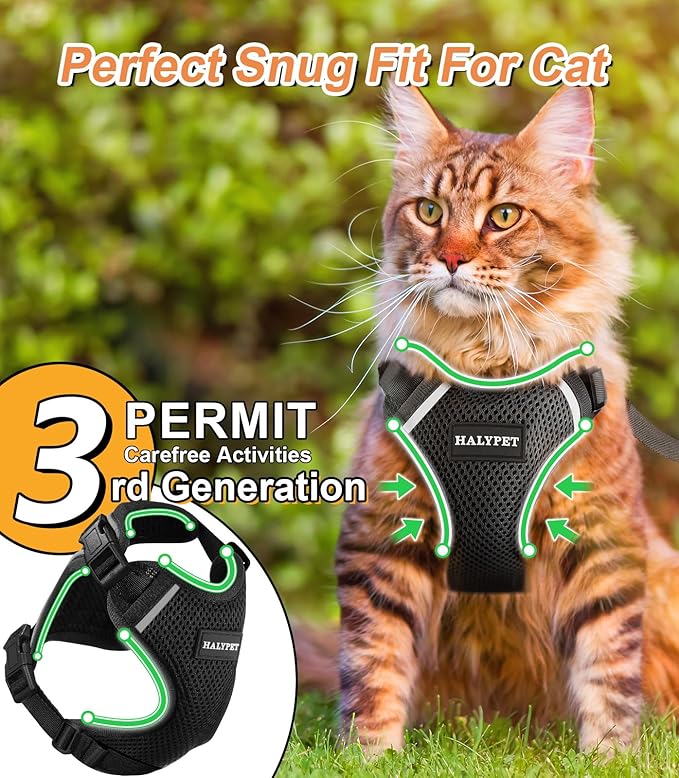 Halypet Cat Harness and Leash Set [ MAX Safety Third Generation ] Escape Proof Soft Adjustable Cat Leash Breathable Comfortable Vest Easy to Wear Kitten Harness for Outdoor Walking Black