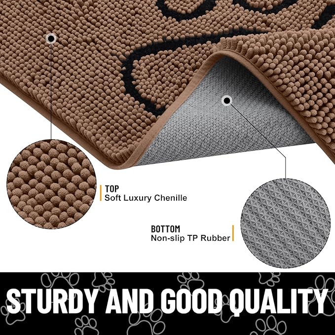 Smiry Dog Door Mat for Muddy Paws, Absorbent Dirt Trapper Non Slip Quick Dry Washable Chenille Mat for Mud Dogs, Entry Rug for Indoor and Outdoor (48x30 Inches, Coffee)