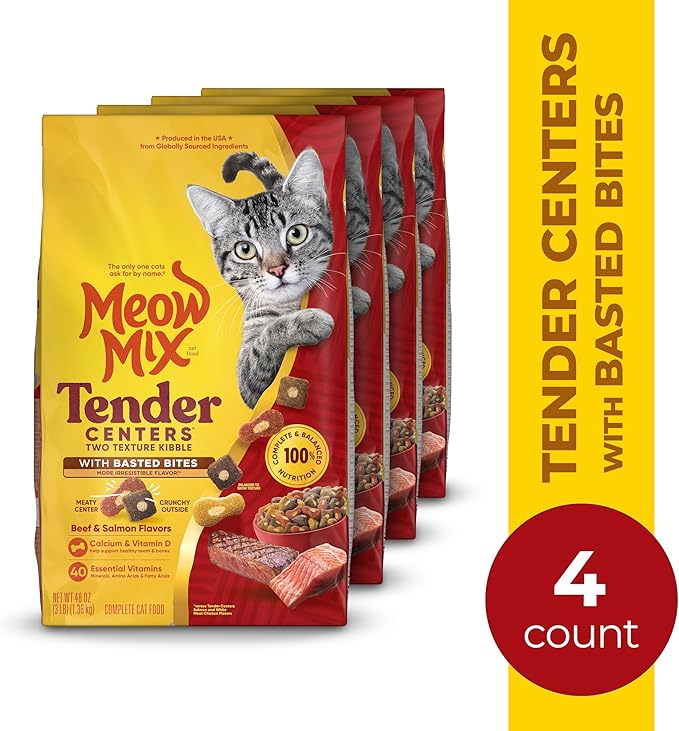 Meow Mix Tender Centers Basted Bites Dry Cat Food, Beef & Salmon Flavors, 3 Pound (Pack of 4), Crunchy Outside Meaty Inside